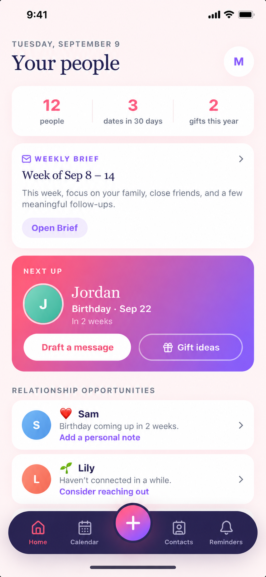 aynura app preview showing the Your people dashboard with upcoming events and gift ideas
